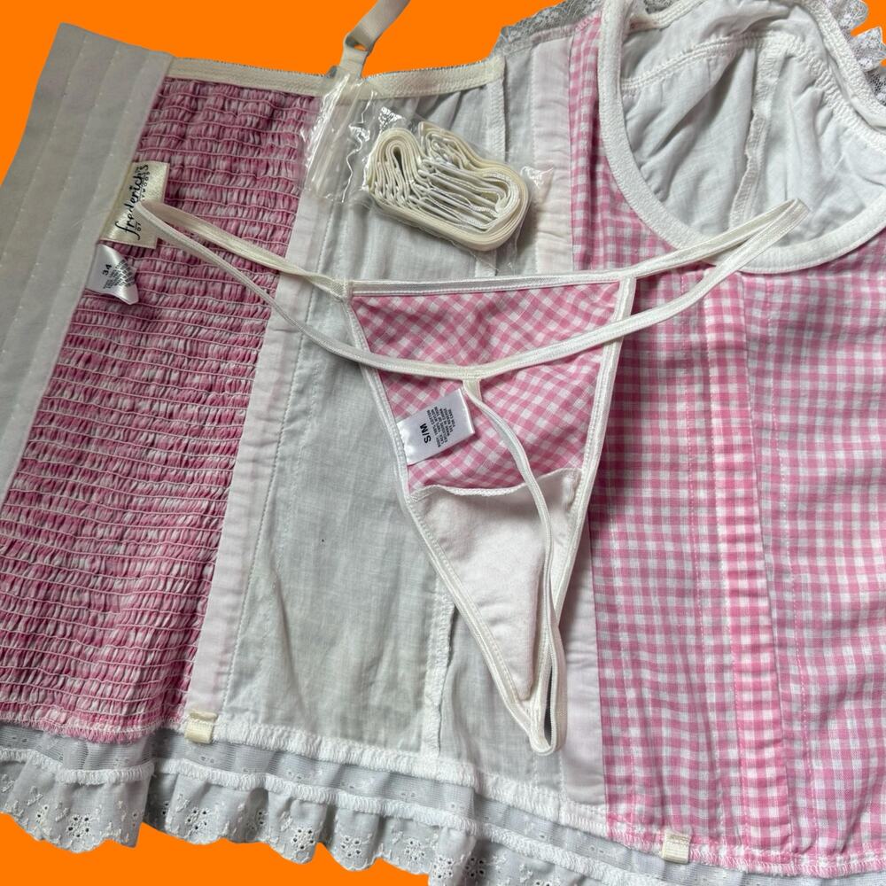 00's vintage gingham eyelet lace corset top y2k lingerie set Size 34 S/M - Picture 6 of 10